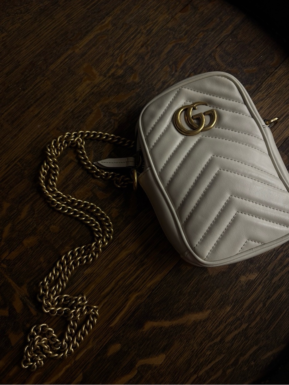 Gucci Off-White GG Marmont Chevron Crossbody with Gold Chain